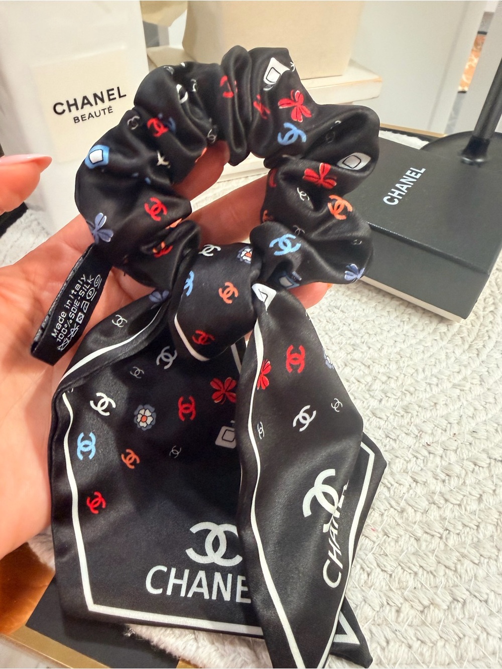 Black Multicolor Scarf Scrunchie with Removable Ribbon Tails | NEW